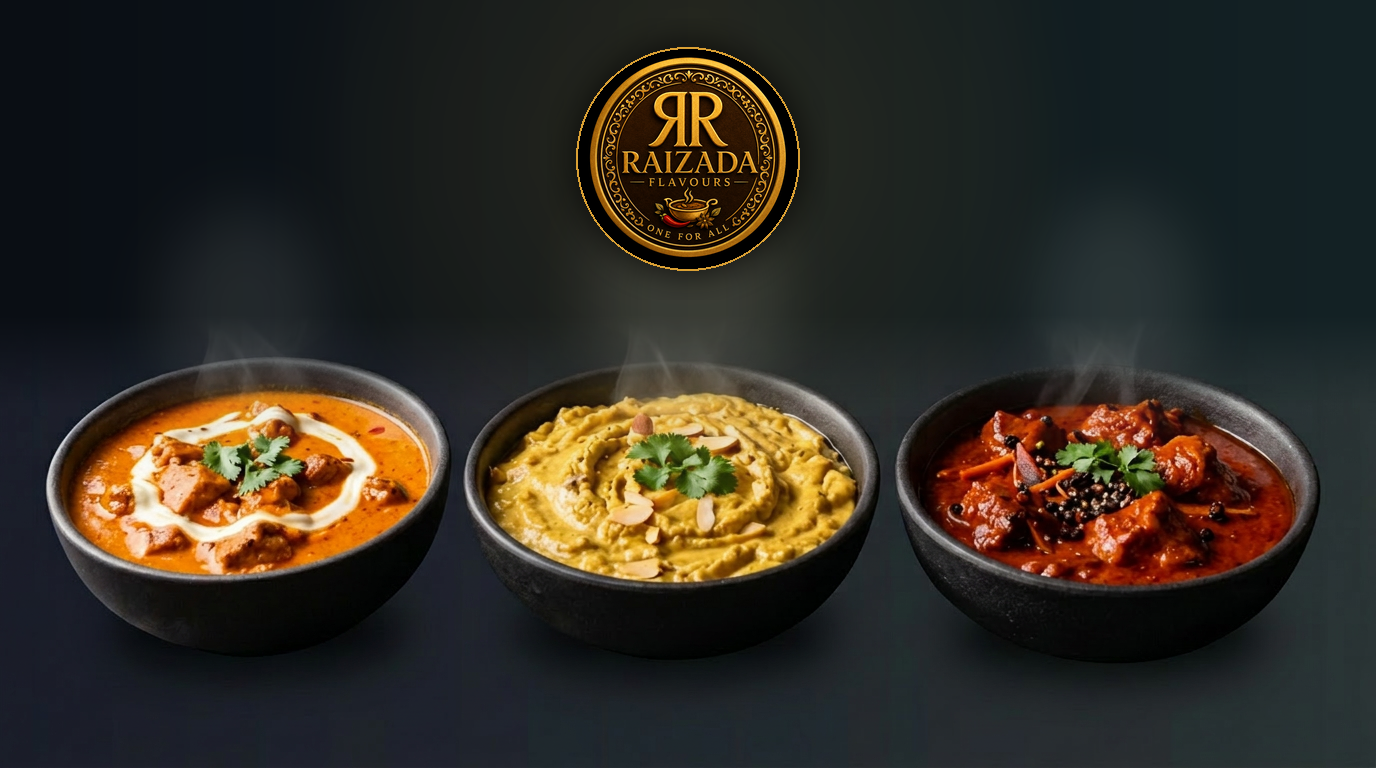 Butter Chicken, Korma and Vindaloo curry bowls